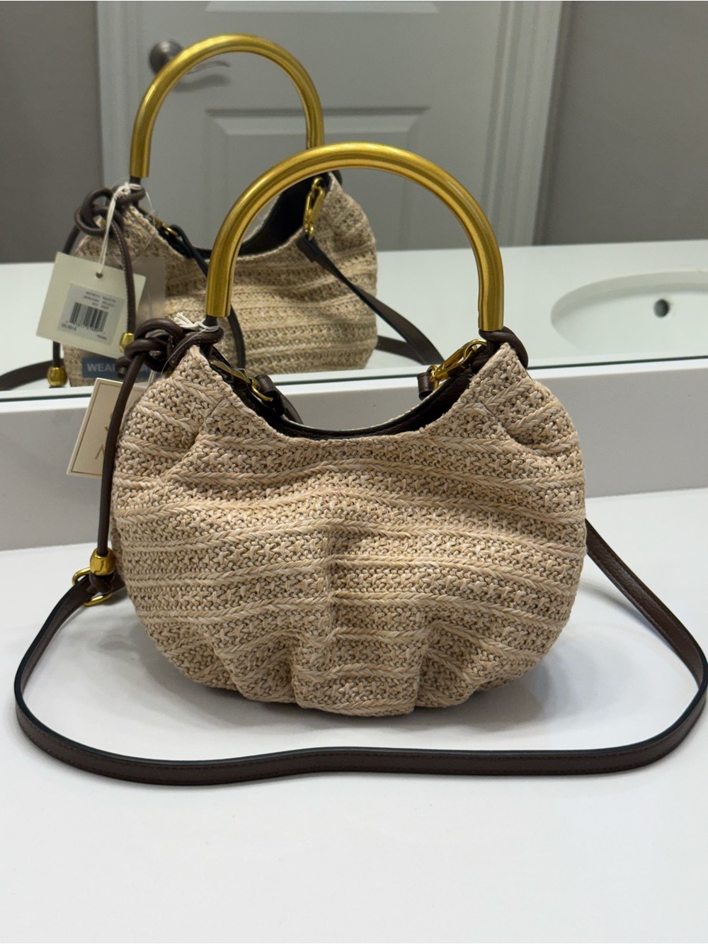 Textured Beige Crescent Shoulder Bag with Gold Handle NWT